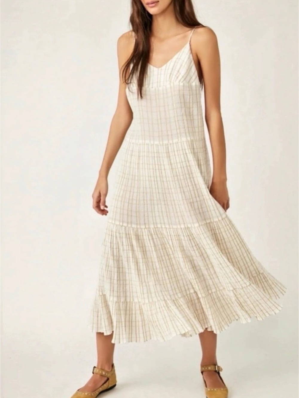 Free People Marigold Midi Dress Plaid Cream & Tan Size M